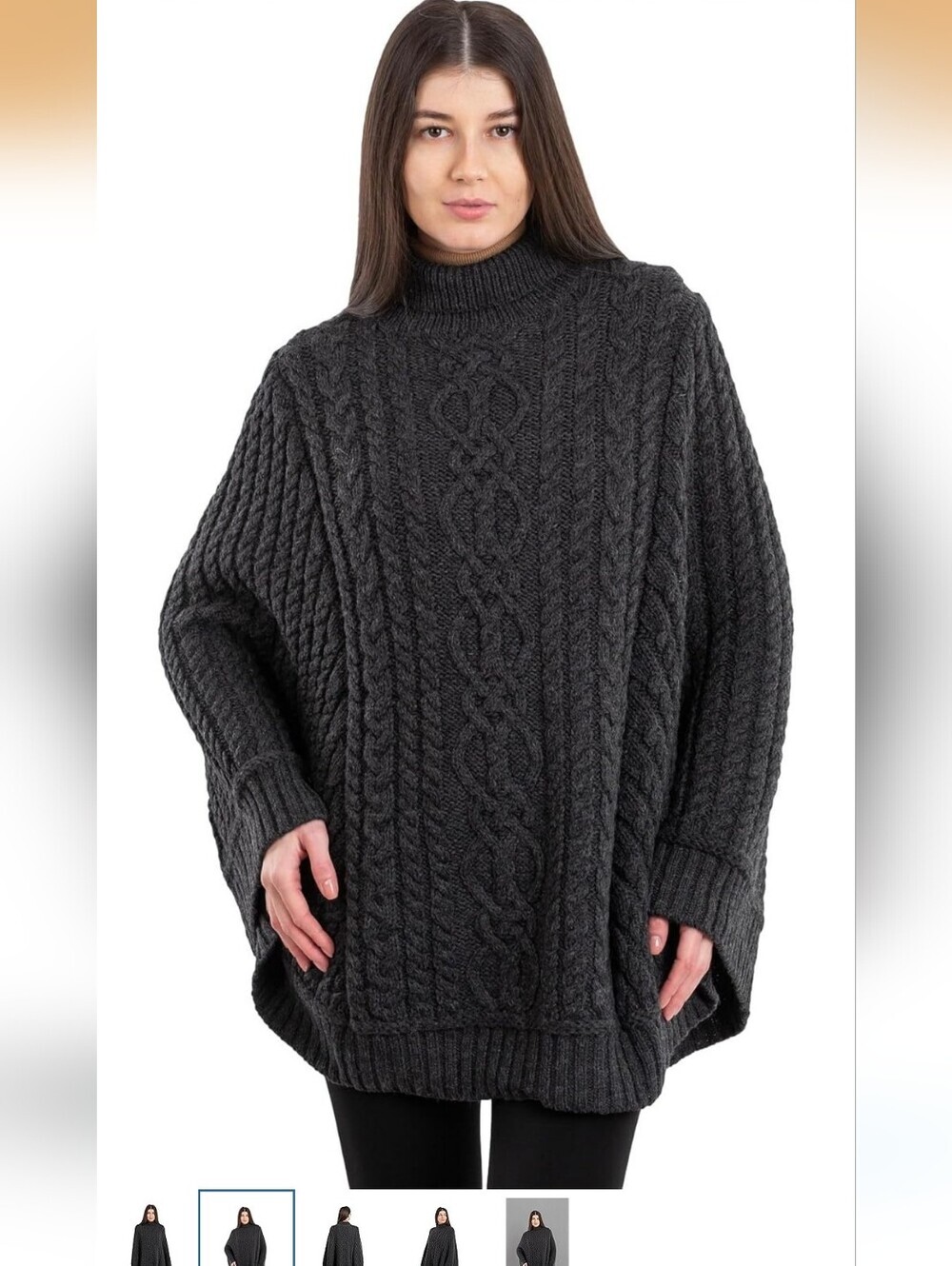 SAOL 100% Merino Wool Cable Knit Irish Darl Gray Aran Poncho Cardigan, Sz L / XL